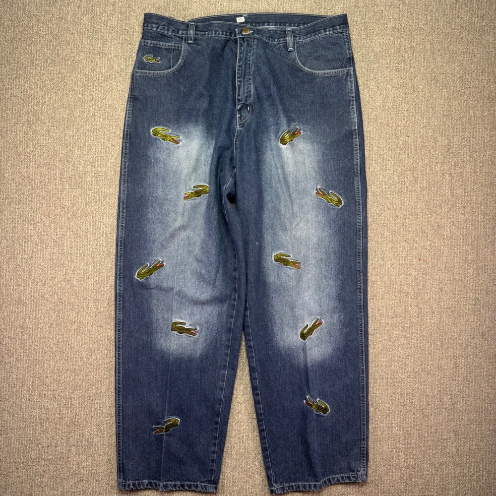 Lacoste All-Over Embroidered Crocodile Denim Jeans Mens Size 42 Y2K Streetwear